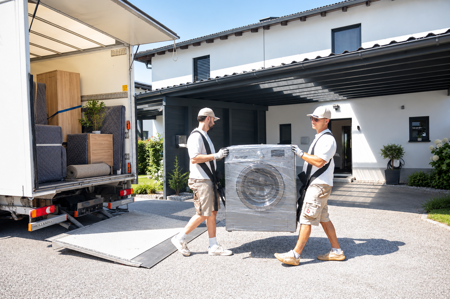 Kudera Team trägt verpackte Waschmaschine vom LKW ins Haus