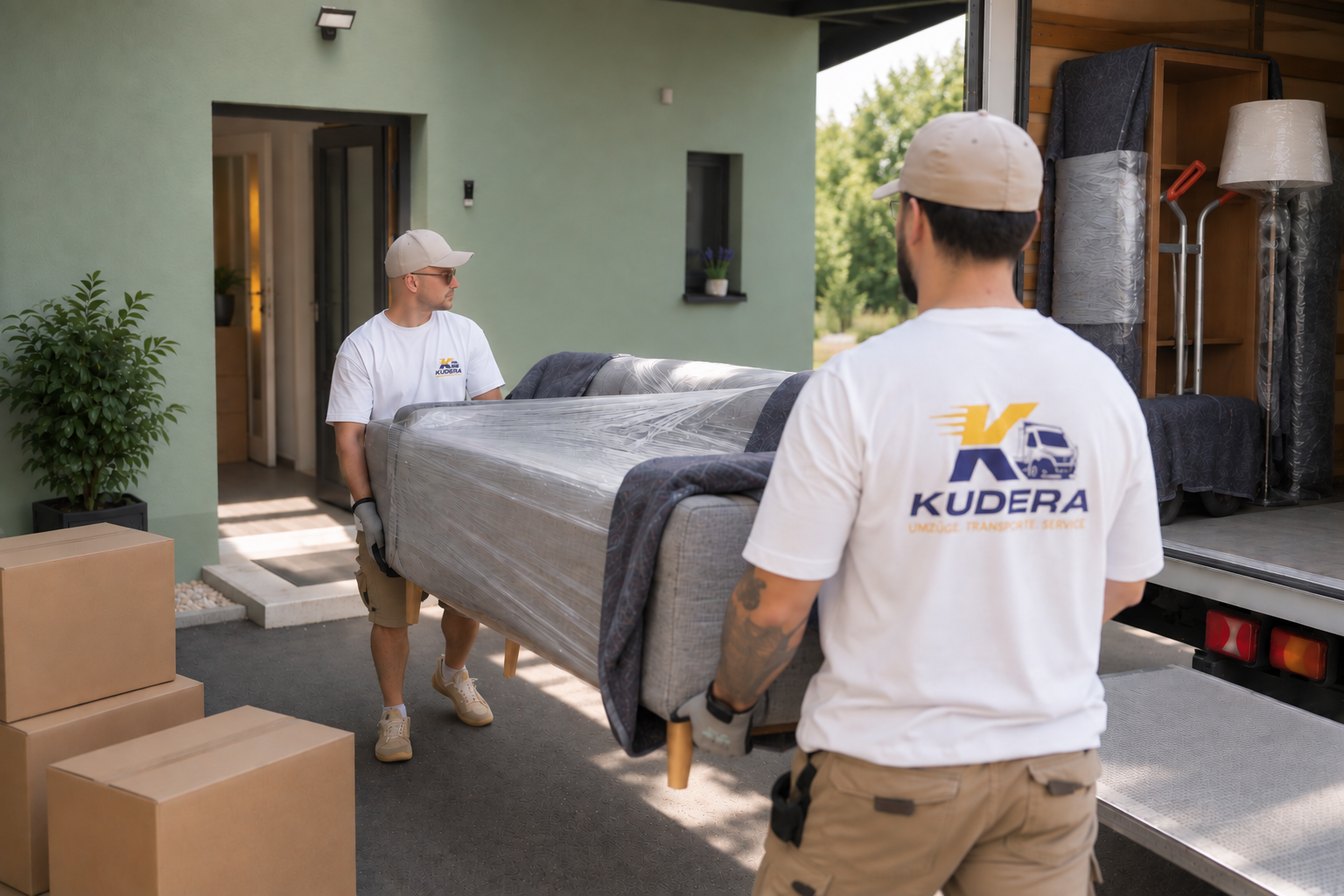 Kudera Team trägt foliengeschütztes Sofa in das neue Zuhause